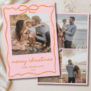 Colorful Pink & Orange Bow 4 Photo Family Holiday Card