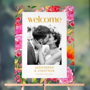 Colorful Pink Orange Floral Wedding Welcome Photo Acrylic Sign