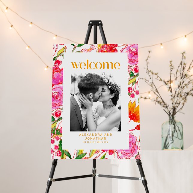 Colorful Pink Orange Floral Wedding Welcome Photo Foam Board (In Situ (Stand))