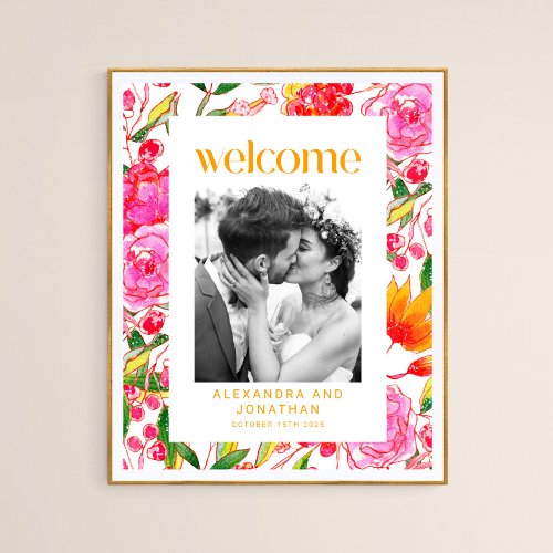 Colorful Pink Orange Floral Wedding Welcome Photo Poster
