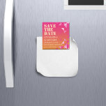 Colorful Pink & Orange Geometric Save The Date Magnet<br><div class="desc">This bold and bright colorful wedding theme is a perfect choice for couples who want to celebrate their special day with a vibrant and joyful ambiance and express their personalities and add a unique touch to the event. The use of bold and bright colors such as fuchsia pink and burnt...</div>