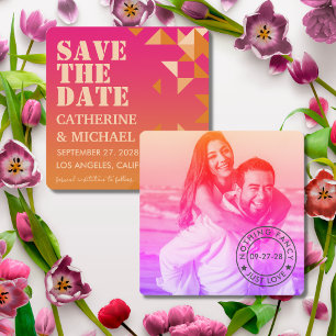 Colorful Pink & Orange Geometric Wedding Photo Save The Date