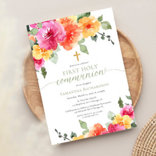 Colorful pink orange peonies first holy communion invitation