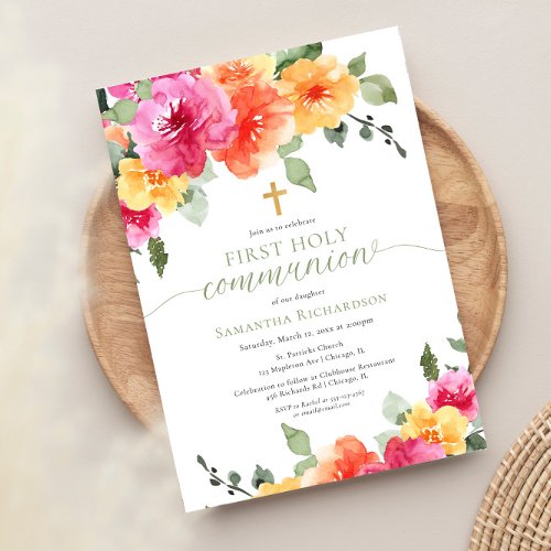 Colorful pink orange peonies first holy communion invitation
