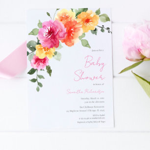 Colorful pink orange peonies girl baby shower invitation