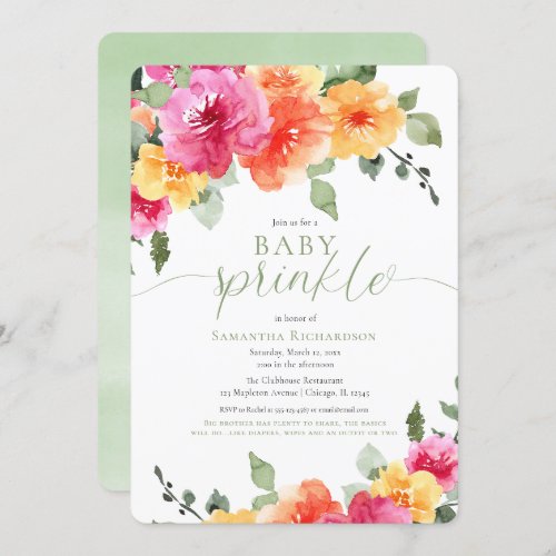 Colorful pink orange peonies girl baby sprinkle invitation