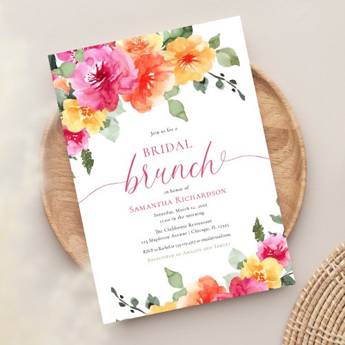 Colorful pink orange peonies spring bridal brunch invitation