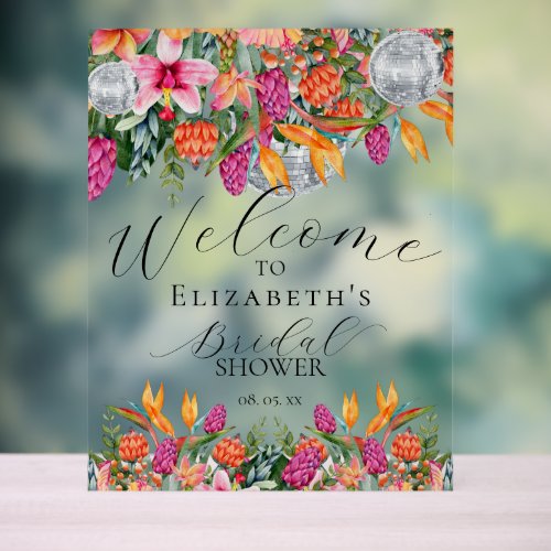 Colorful Pink Orange Tropical Floral Disco Welcome Acrylic Sign