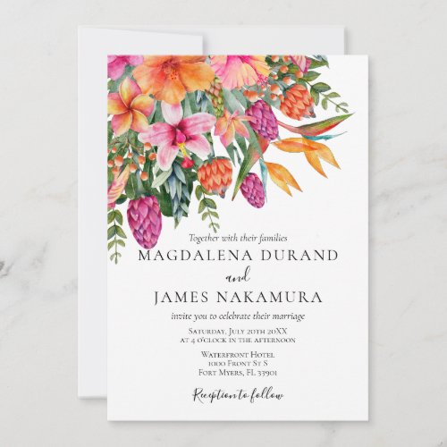 Colorful Pink Orange Tropical Floral Photo Wedding Invitation