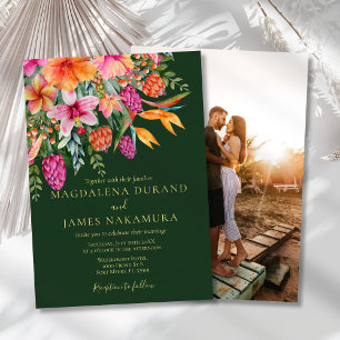 Colorful Pink Orange Tropical Floral Photo Wedding Invitation
