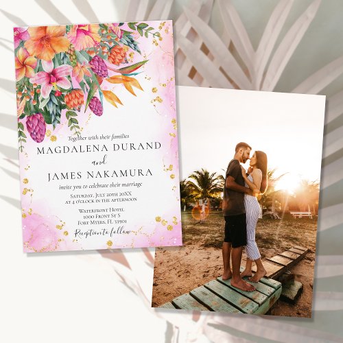 Colorful Pink Orange Tropical Floral Photo Wedding Invitation