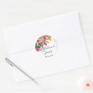 Colorful Pink Orange Tropical Flowers Wedding Classic Round Sticker