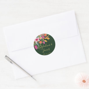 Colorful Pink Orange Tropical Flowers Wedding Classic Round Sticker