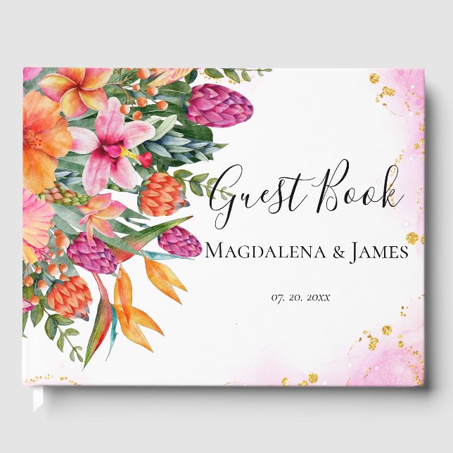 Colorful Pink Orange Tropical Flowers Wedding Guest Book (Front)