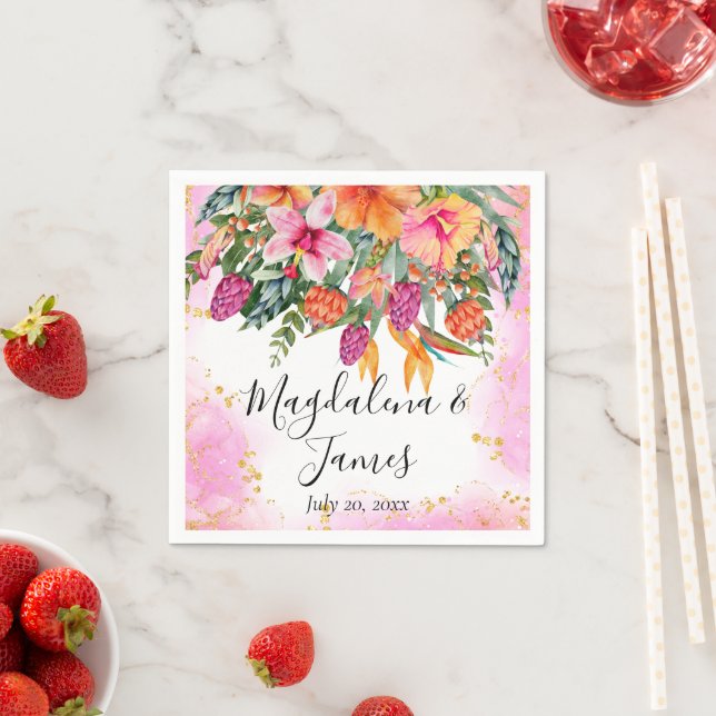 Colorful Pink Orange Tropical Flowers Wedding Napkins (Insitu)