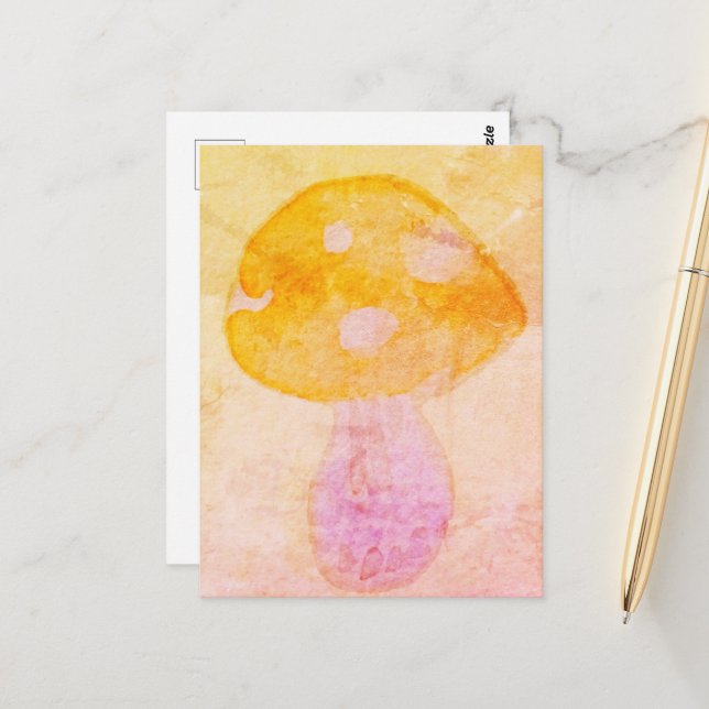 Colorful Pink Orange Watercolor Mushroom Postcard (Front/Back In Situ)