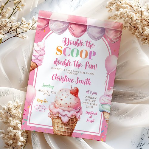 Colorful Pink Pastel Ice Cream Twins Baby Shower Invitation