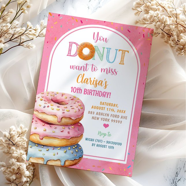 Colorful Pink Pastel Sprinkled Donuts Birthday Invitation (Creator Uploaded)