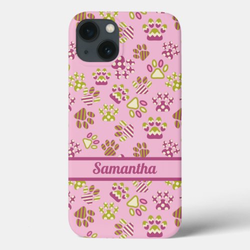 Colorful Pink Paws Personalized iPhone 13 Case