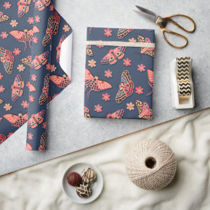 Colorful Pink, Peachy Moths & Flowers Pattern Wrapping Paper