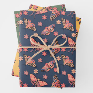 Colorful Pink, Peachy Moths & Flowers Pattern Wrapping Paper Sheets
