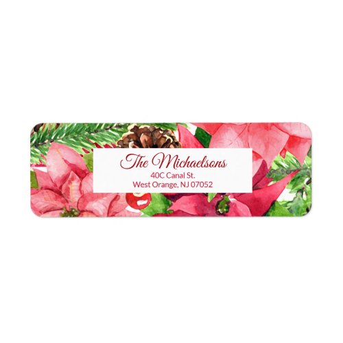 Colorful Pink Poinsettias and Pine Label