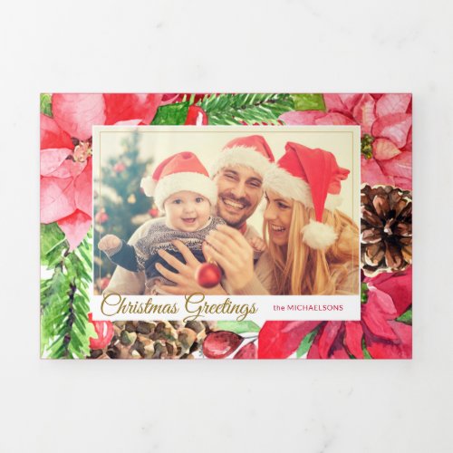 Colorful Pink Poinsettias and Pine Photo Tri_Fold Holiday Card