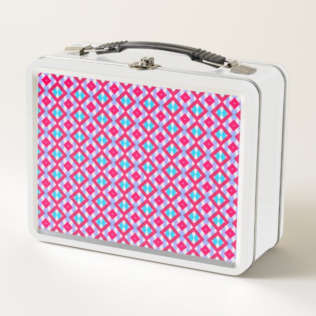 Colorful pink, purple and blue metal lunch box (Front)