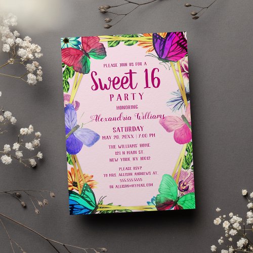 Colorful Pink Purple Floral Butterfly Sweet 16  Invitation Postcard