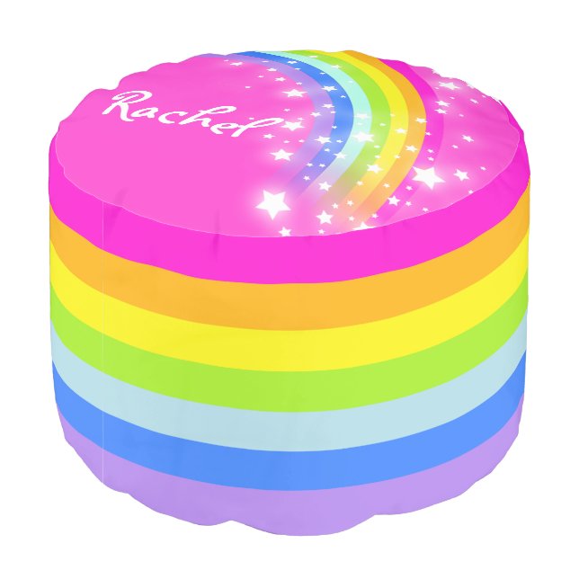 Colorful pink rainbow stripe girls name pouf (Angled Back)