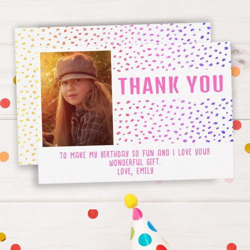 Colorful Pink Spots Birthday Kids Girl Photo Thank You Card