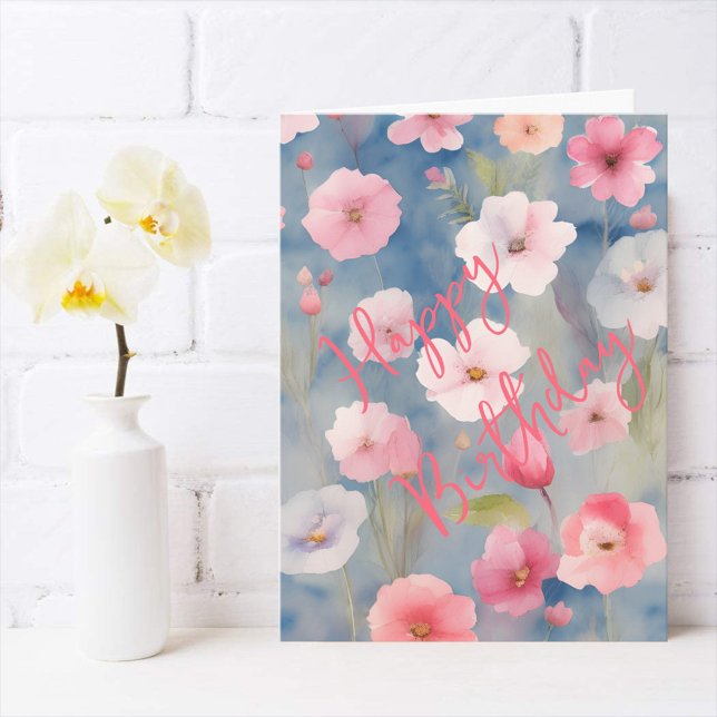 Colorful Pink Spring Flowers on Shades of Blue Card (Creator Uploaded)