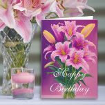 Colorful Pink Spring Tiger Lilies in Vase Birthday Card<br><div class="desc">Colorful feminine Pink Tiger Lilies in a vase with green foliage set on a purple and pink background. Inside is a single lily on the left hand side of the card. Warm and boldly colored digital oil painting print floral.</div>