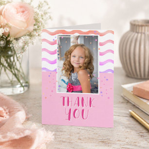 Colorful Pink Stars Birthday Kids Girl Photo Thank You Card