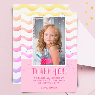 Colorful Pink Stars Birthday Kids Girl Photo Thank You Card