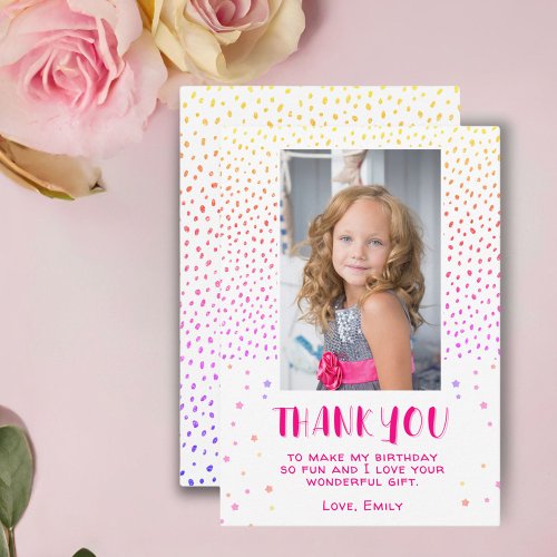 Colorful Pink Stars Birthday Kids Girl Photo Thank You Card