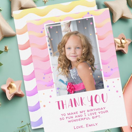 Colorful Pink Stars Birthday Kids Girl Photo Thank You Card