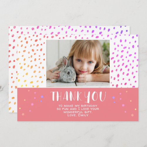 Colorful Pink Stars Birthday Kids Girl Photo Thank You Card