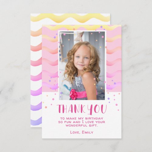 Colorful Pink Stars Birthday Kids Girl Photo Thank You Card