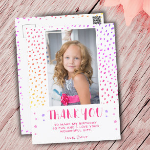 Colorful Pink Stars Girl Photo Birthday Thank You Postcard