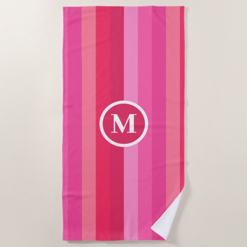 Colorful Pink Stripes  Name Initial Beach Towel