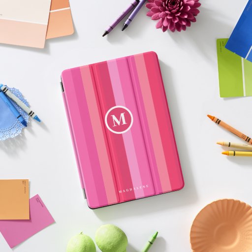 Colorful Pink Stripes | Name Initial iPad Pro Cover