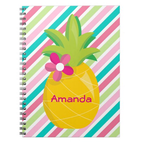 Colorful Pink Stripes Yellow Pineapple Notebook