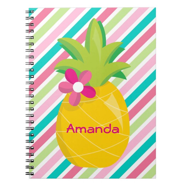 Colorful Pink Stripes Yellow Pineapple Notebook (Front)