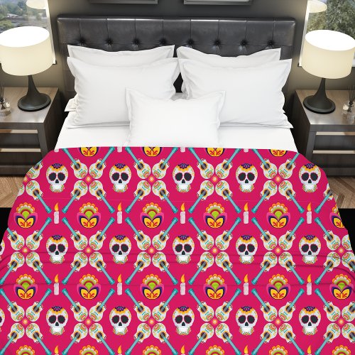 Colorful Pink Sugar Skull Guitar Patterned Duvet Cover