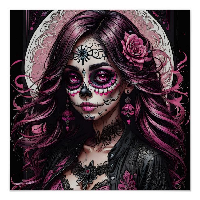 Colorful Pink Sugar Skull no p3 Glossy Poster (Front)