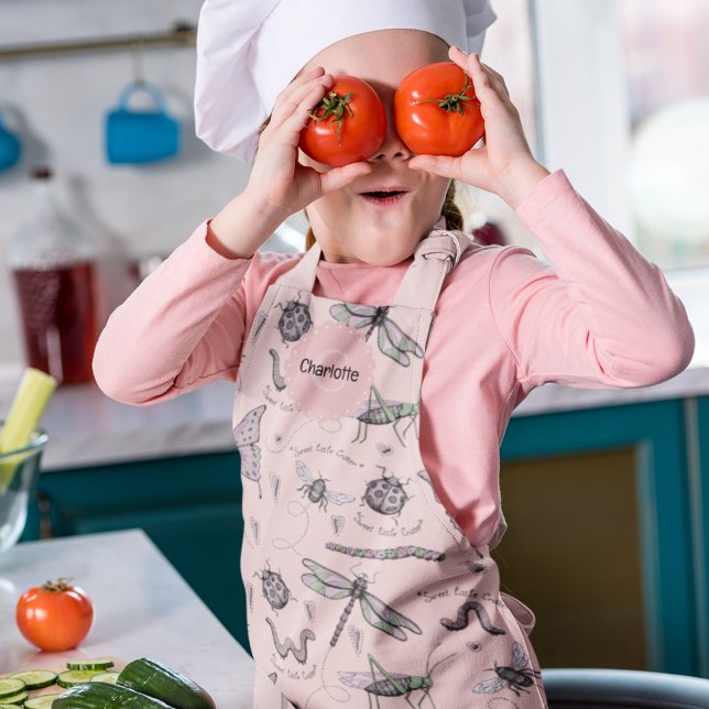 Colorful Pink Sweet Little Critter Kids Baking Apron (Adorable Pink & Sage Insect drawings on a blush pink background. "Sweet Little Critter" words)