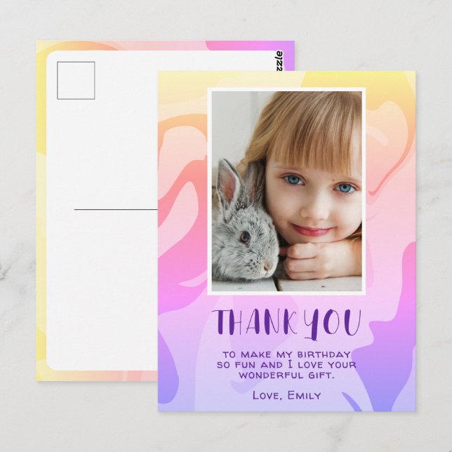 Colorful Pink Swirl Girl Photo Birthday Thank you Postcard (Front/Back)