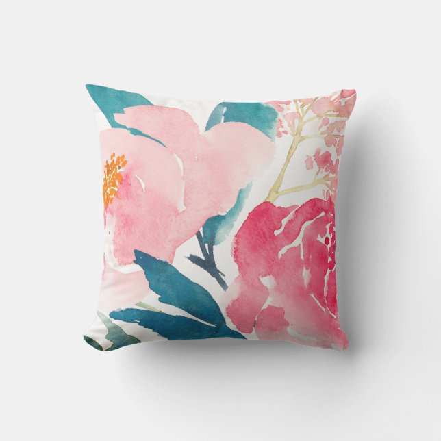 Colorful Pink & Teal Painted Outdoor Accent Pillow (Front)