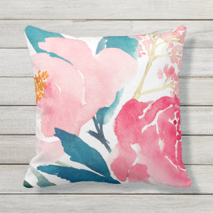 Colorful Pink & Teal Painted Outdoor Pillow